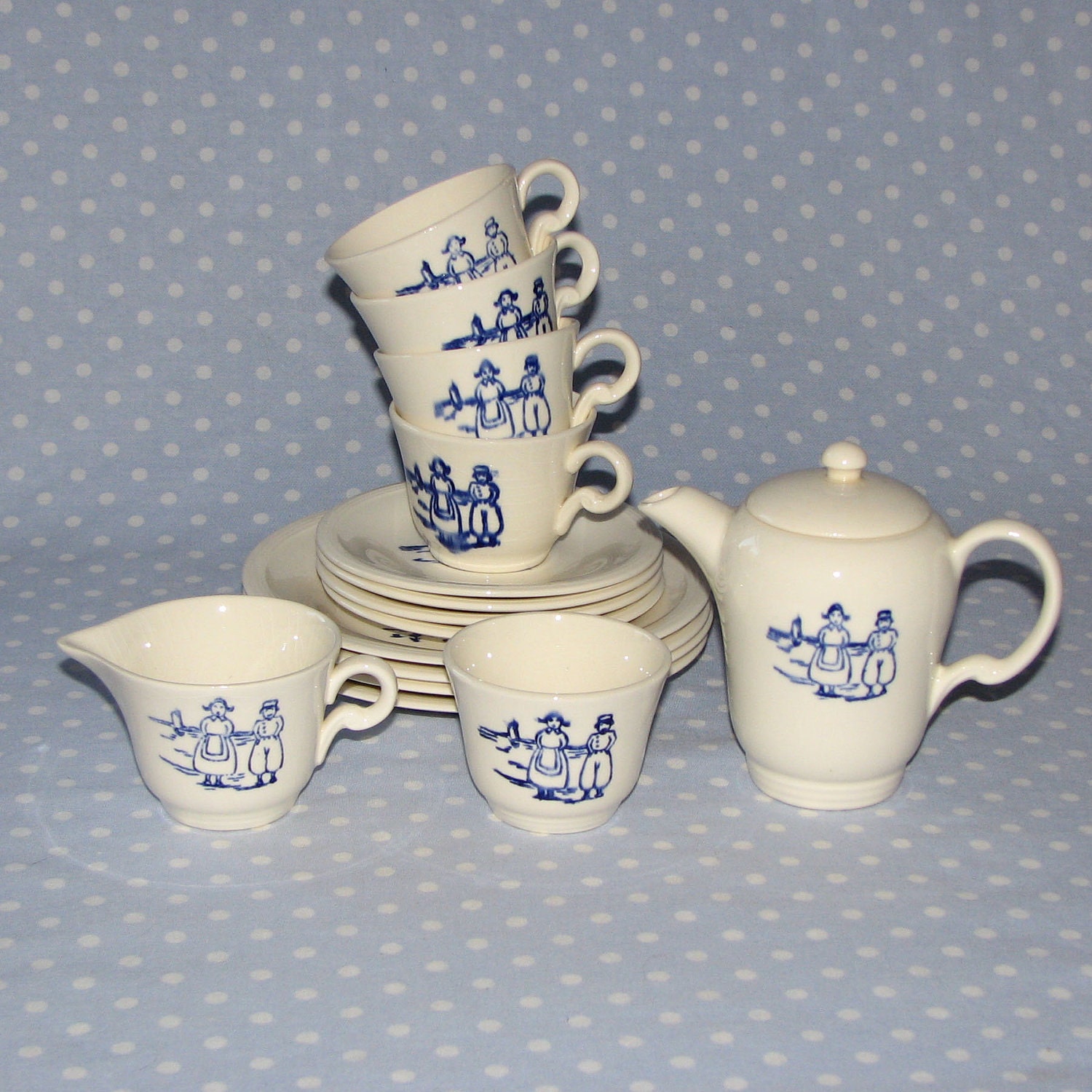 Vtg Children Tea Set Dutch Blue White Teacups Saucers Teapot
