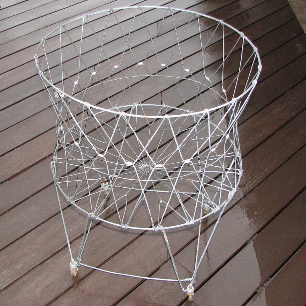 Large Vintage Wire Laundry Hamper Basket on Wheels by PeaPickins