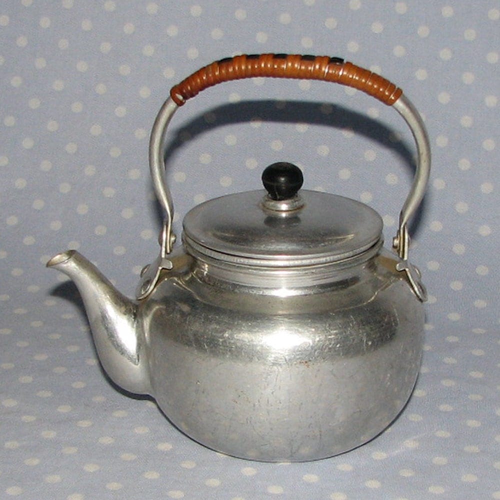 Vintage Aluminum Tea Pot with Strainer insert and Bamboo