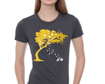 womens birds bicycle and tree- american apparel asphalt gray t shirt- available in S, M, L and XL- Worldwide shipping