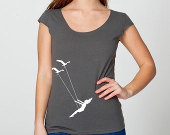 Womens flying bird swing on American Apparel asphalt gray wide neck shirt, capped sleeves, , available in S, M, L, XL- Worldwide Shipping