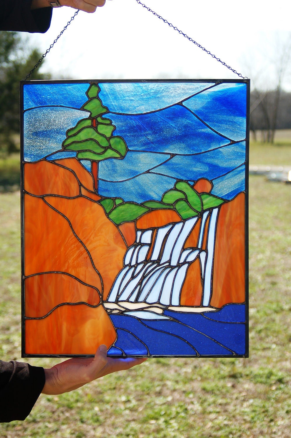 Stained Glass Landscape with waterfall panel