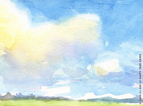 Items similar to Blue Sky Watercolor Print, Watercolor Landscape ...