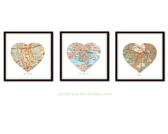 3 Personalized Map Art, Heart Map Prints, Custom Wedding Gift, Anniversary Gift, Custom Map Art