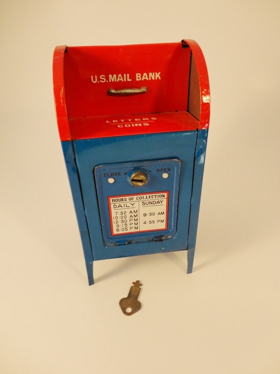 Vintage Toy Piggy Bank Mail Box U.S. Mail Bank with key. Red