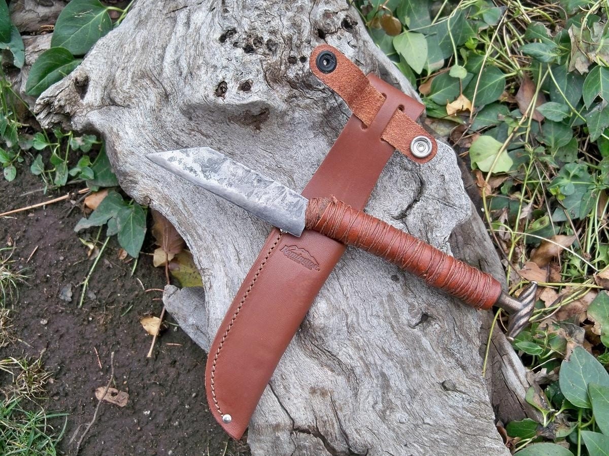 Viking Seax With Solid Wood Handle And Cast Pommel Leather
