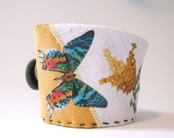 mustard yellow cotton cuff with butterfly - natural history - butterfly print cuff- wrist cuff - textile bracelet - mothers day gift
