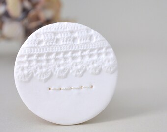 white clay brooch with stitches - white brooch with lace imprint - white clay wedding brooch - white textured brooch - gift for her