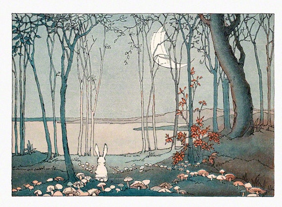 New Moon Bunny Print - Bunny Rabbit in the Woods- Repro 