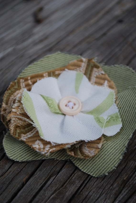Green & Tan Anthropologie style Fabric Flower Hair Clip