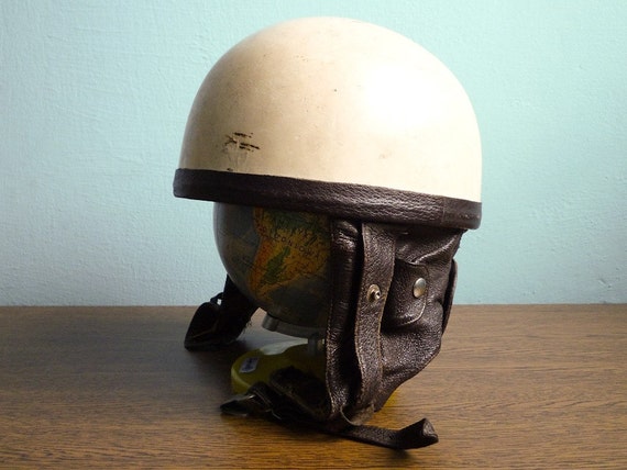 Vintage 60s motorcycle helmet white brown leather