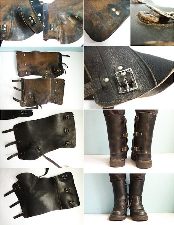 Black Leather Army Spats Gaiters Steampunk Motorcycle 60s 70s