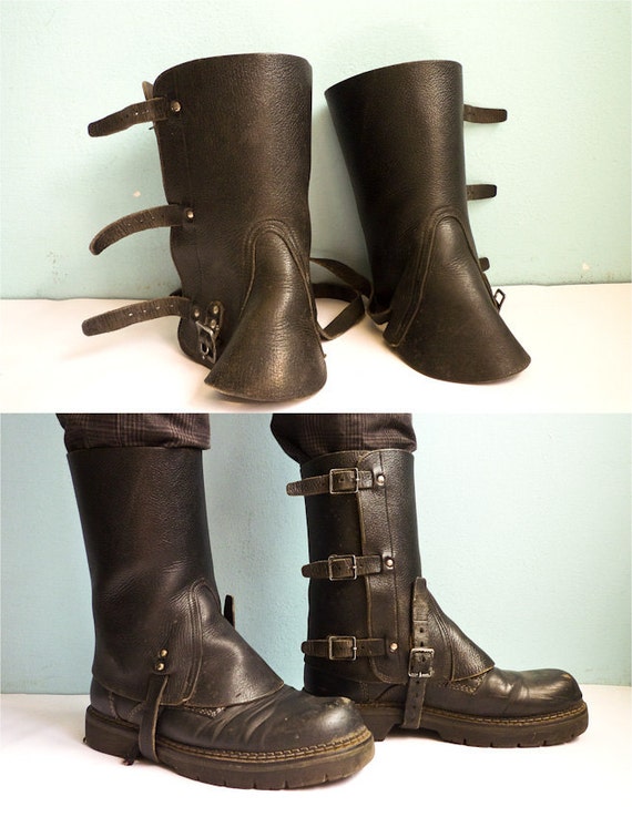 Black Leather Army Spats Gaiters Steampunk Motorcycle 60s 70s
