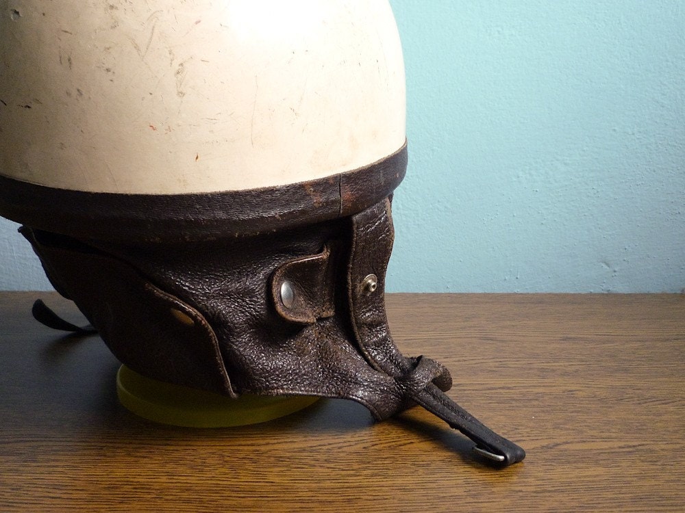 Vintage 60s motorcycle helmet white brown leather