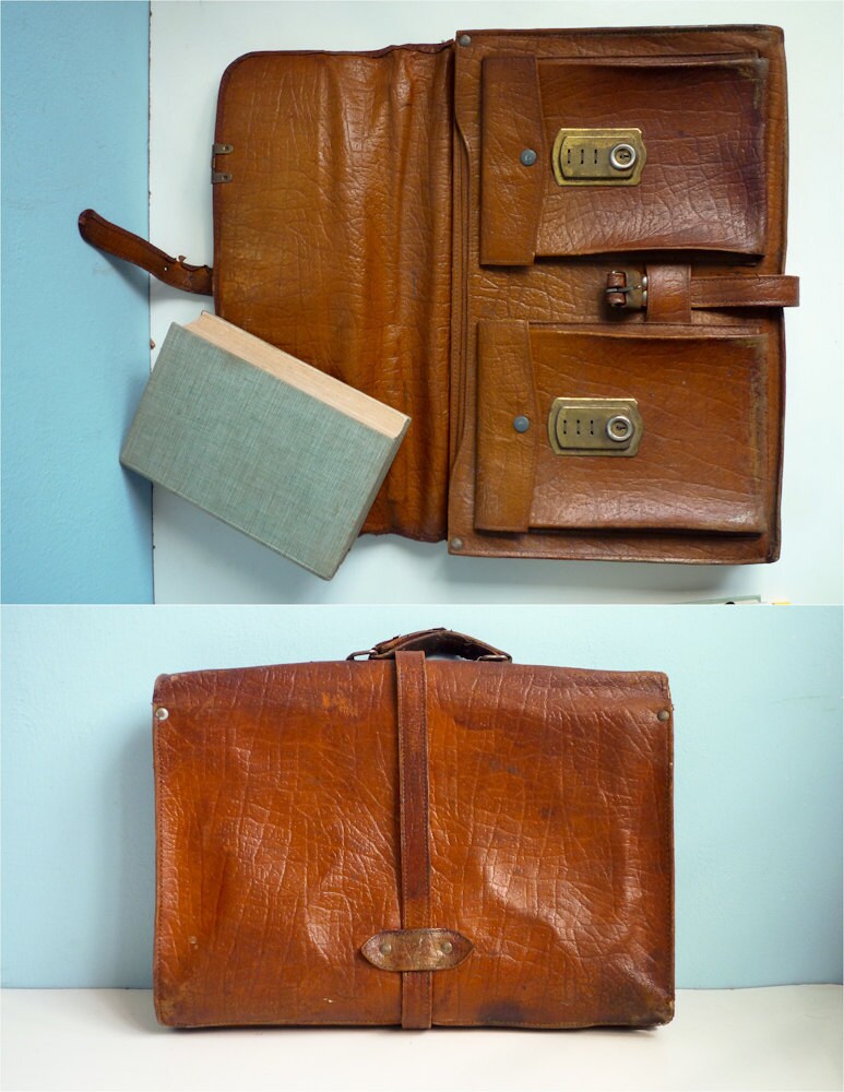 Distressed 70s vintage briefcase laptop bag brown leather