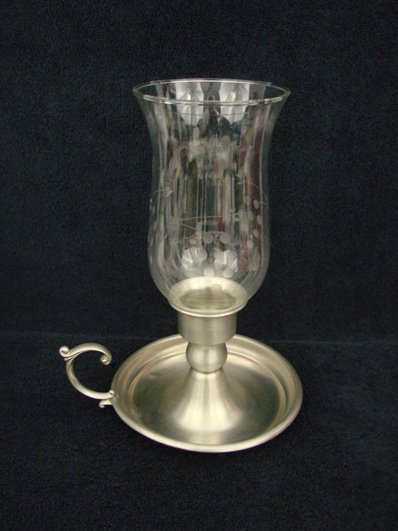 Candle Hurricane Lamp Pewter with Etched Crystal