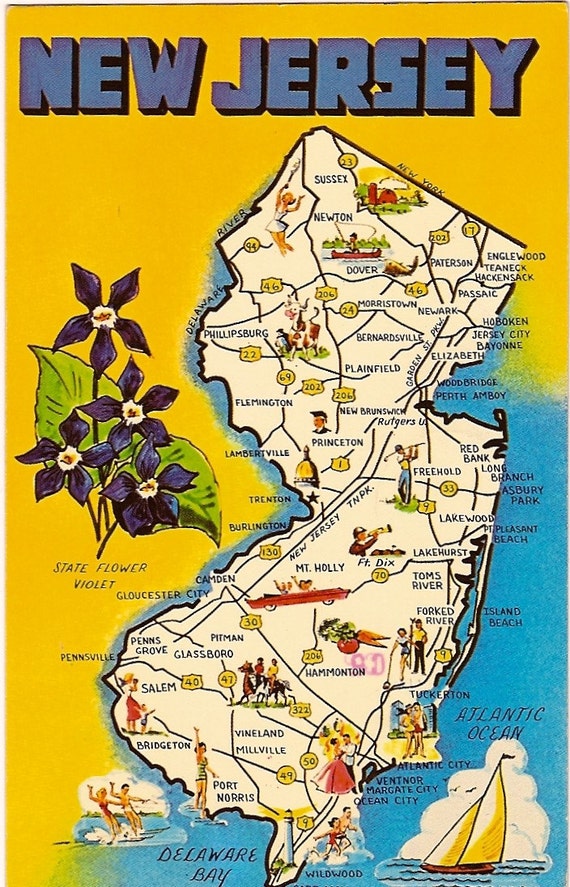 Vintage Postcard 1970s New Jersey map