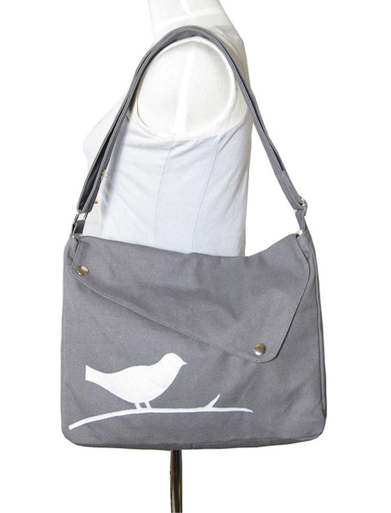 Gray cotton canvas messenger bag  shoulder bag  bird messenger ...