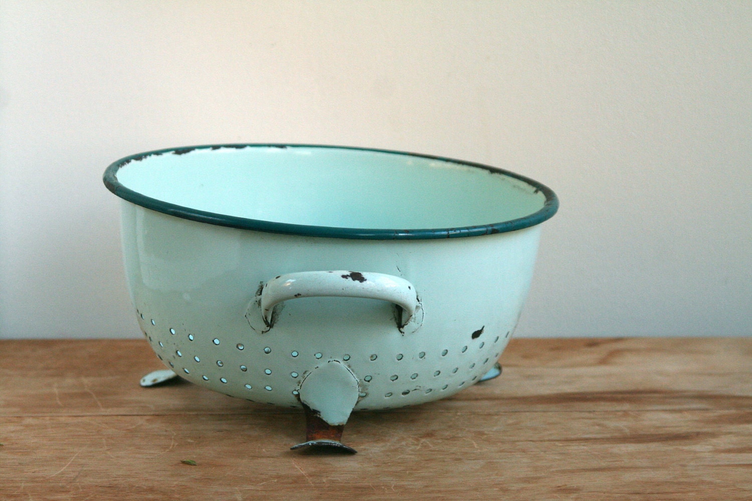 Vintage French Mint Aqua Green Enamel Colander Rustic..