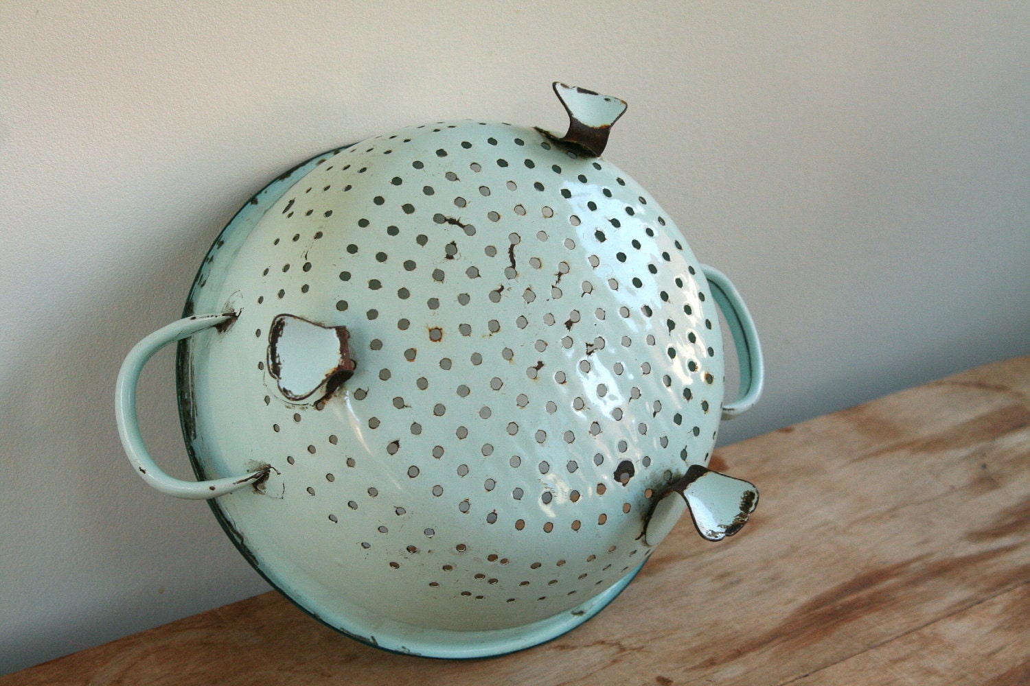 Vintage French Mint Aqua Green Enamel Colander Rustic..