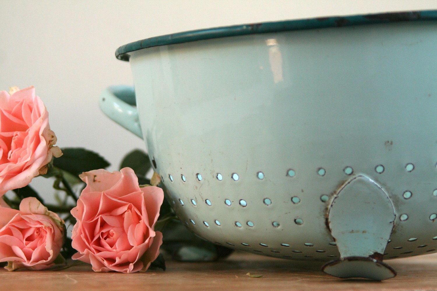 Vintage French Mint Aqua Green Enamel Colander Rustic..