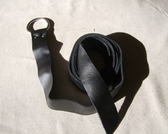 Extra long leather ring belt made of top grade black leather.