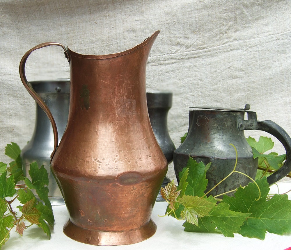 French Copper Pitcher Hand Crafted Vintage French 9423