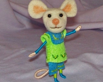 Needle Felted Mouse in Green and Blue - FREE SHIPPING to US and Canada
