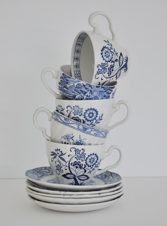 Eclectic blue and white tea cups