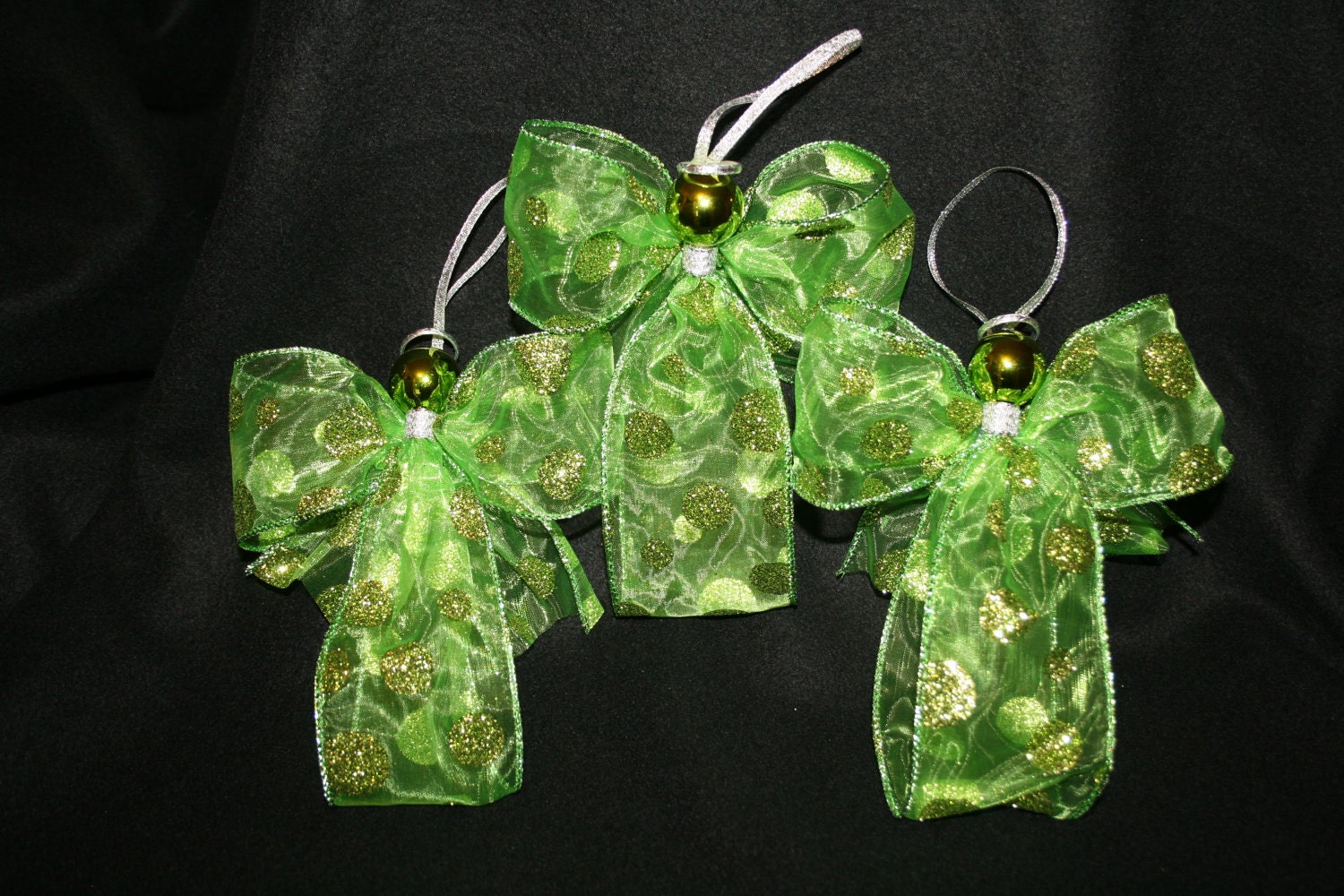 3 Handmade Christmas Ribbon Angel Ornaments Lime Green