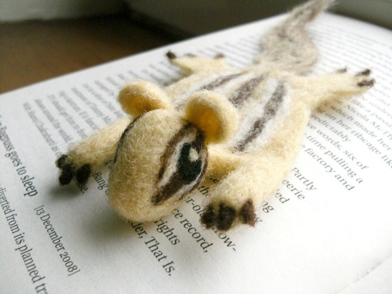 Needle felted squashed chipmunk bookmark