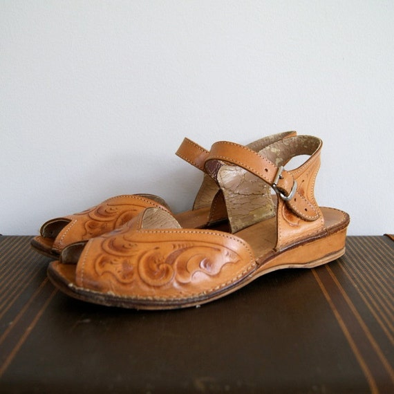double strap tooled leather sandals