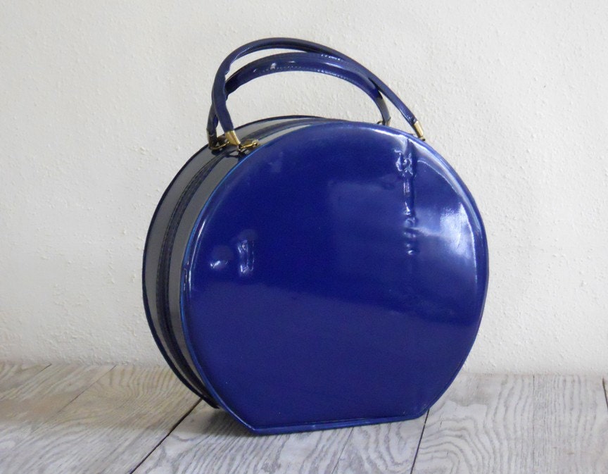 Blue Patent Leather Round Hat Box Style Travel Case