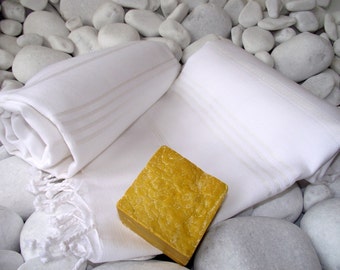 Best Quality Set of 2 Hand Woven Turkish Cotton Bath Towels or Sarong-White Stripes on White