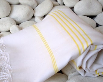 Best Quality Hand Woven Turkish Cotton Bath Towel Or Sarong-Yellow Stripes on White