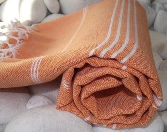 Best Quality Hand- woven Turkish Cotton Bath Towel or Sarong-Orange and White Stripes