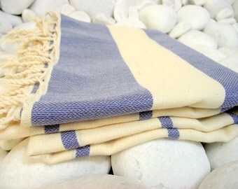High Quality Hand Woven Turkish Cotton Bath,Beach,Pool,Spa,Yoga Towel or Sarong-Natural Cream and Denim Blue