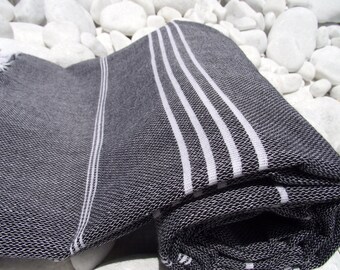 High Quality Hand-Woven Turkish Cotton Bath,Beach,Pool,Spa,Yoga,Travel Towel or Sarong-White Stripes on Black