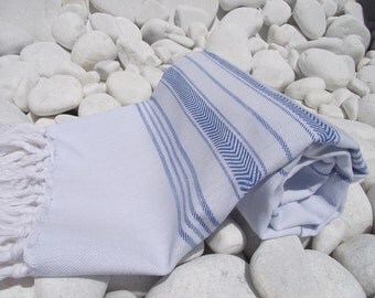 Best Quality Hand Woven Turkish Cotton Soft,Organic Bath,Beach,Spa,Yoga,Travel,Pool Towel or Sarong-Blue Stripes on Pale Blue