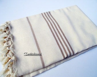 High Quality Hand Woven Turkish Cotton Bath,Beach,Pool,Spa,Yoga Towel or Sarong-Brown Stripes on Natural Cream