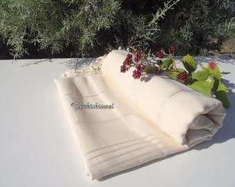Turkishtowel-High Quality,Hand Woven,Pure Cotton,Bath,Beach,Spa,Yoga,Travel Towel or Sarong-Natural Cream,Ivory-Undyed- Stripes