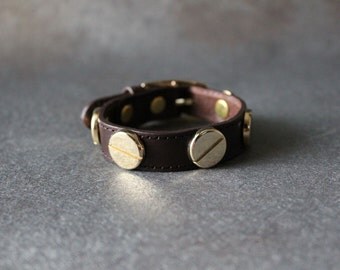 French Stud Leather Bracelet-Medium Size (Dark Brown)