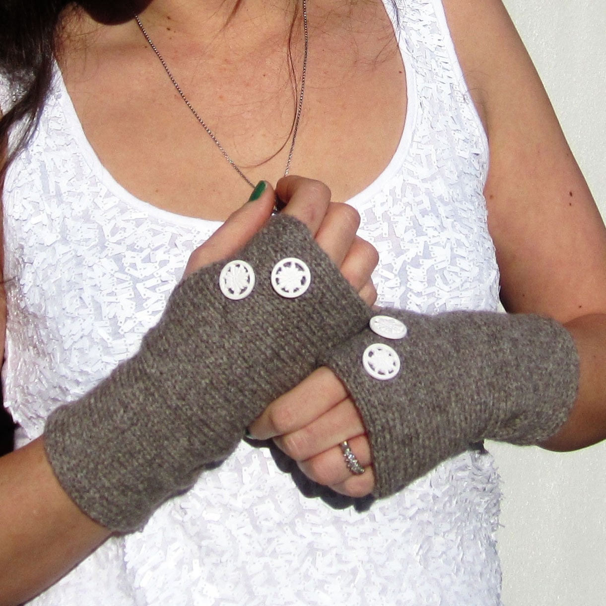 SALE 20 Knitted wrist warmers with vintage buttons and