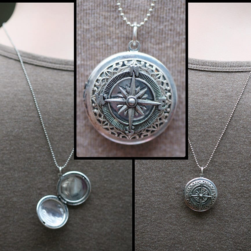 Locket compass MENS Gift Stainless Steel ball or link chain. heirloom. Steampunk Military Wedding Deployment gift. Compass Necklace silver