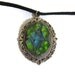 Victorian Pendant Romantic Necklace Mosaic Antiqued Silver Oval Green Blue Glass