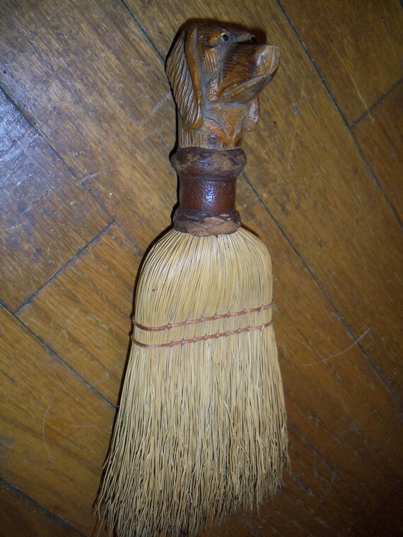 Old Whisk Broom with Carved Dog Head Handle
