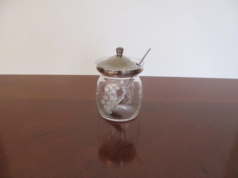 Vintage Glass Sugar Bowl silver plate lid & spoon