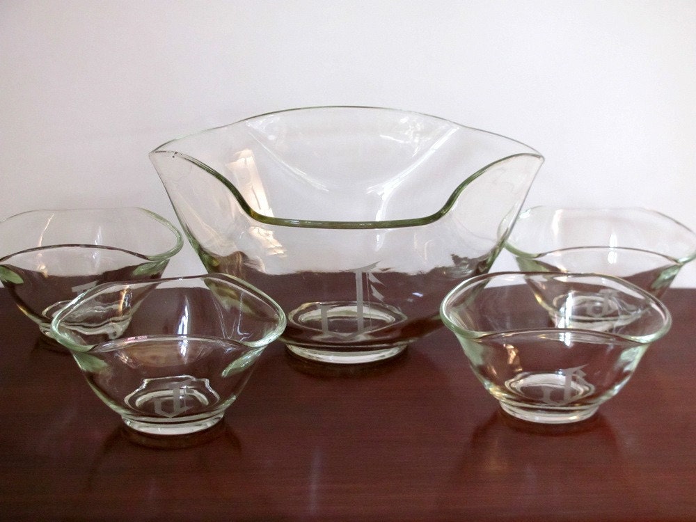 Vintage Monogrammed J Glass Salad Bowl Set