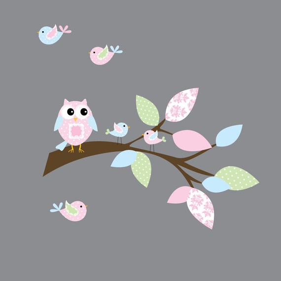 Nursery Wall Decals Vinyl Wall Decals Branch with Birds Owls