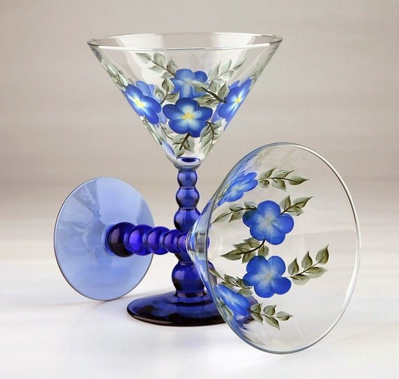 Colbalt Blue Hand Painted Martini Glasses by Allthatglass1 on Etsy